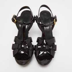 Pre Owned Saint Laurent Burgundy Patent Leather Tribute Platform Sandals Size 38