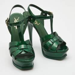 Pre Owned Yves Saint Laurent Green Patent leather Tribute Sandals Size 38