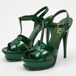 Pre Owned Yves Saint Laurent Green Patent leather Tribute Sandals Size 38