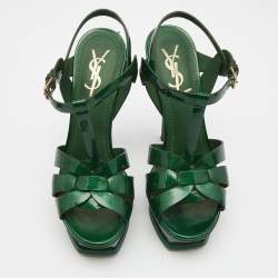 Pre Owned Yves Saint Laurent Green Patent leather Tribute Sandals Size 38