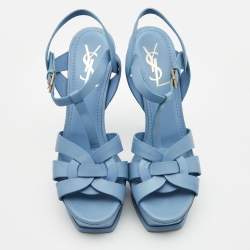 مملوكة مسبقًا Yves Saint Laurent Blue Leather Tribute Platform Sandals Size 38