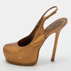 Yves Saint Laurent Metallic Brown Leather Tribtoo Slingback Platform Pumps Size 39
