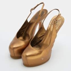 Yves Saint Laurent Metallic Brown Leather Tribtoo Slingback Platform Pumps Size 39