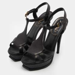 Pre Owned Yves Saint Laurent Black Patent Leather T-Strap Platform Sandals Size 39