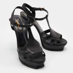 Pre Owned Yves Saint Laurent Black Patent Leather T-Strap Platform Sandals Size 39
