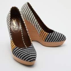 Pre Owned Yves Saint Laurent Multicolor Canvas Platform Wedge Pumps Size 39.5