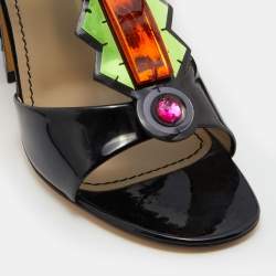 Pre Owned Yves Saint Laurent Black Patent Leather Embellished T-Strap Sandals Size 38.5