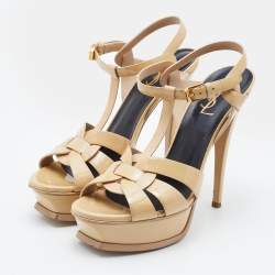 Pre Owned Yves Saint Laurent Beige Patent Leather Tribute Platform Sandals Size 38.5