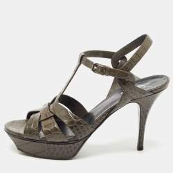 Pre Owned Yves Saint Laurent Grey Croc Embossed Leather Tribute Sandals Size 41