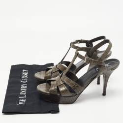 Pre Owned Yves Saint Laurent Grey Croc Embossed Leather Tribute Sandals Size 41