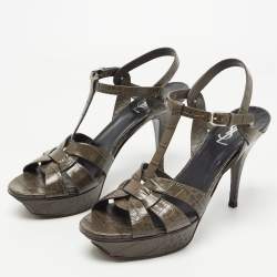 Pre Owned Yves Saint Laurent Grey Croc Embossed Leather Tribute Sandals Size 41