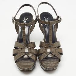 Pre Owned Yves Saint Laurent Grey Croc Embossed Leather Tribute Sandals Size 41