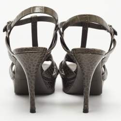 Pre Owned Yves Saint Laurent Grey Croc Embossed Leather Tribute Sandals Size 41