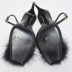 Pre Owned Yves Saint Laurent Black Satin and Fur Slingback Sandals Size 40