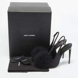 Pre Owned Yves Saint Laurent Black Satin and Fur Slingback Sandals Size 40
