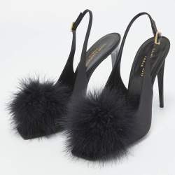 Pre Owned Yves Saint Laurent Black Satin and Fur Slingback Sandals Size 40