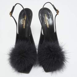 Pre Owned Yves Saint Laurent Black Satin and Fur Slingback Sandals Size 40