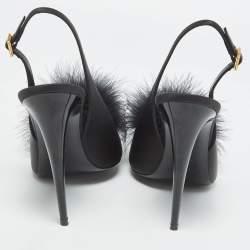 Pre Owned Yves Saint Laurent Black Satin and Fur Slingback Sandals Size 40