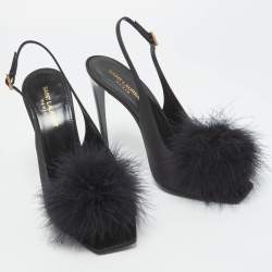 Pre Owned Yves Saint Laurent Black Satin and Fur Slingback Sandals Size 40