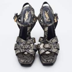 Pre Owned Yves Saint Laurent Metallic Black/Gold Python Embossed Leather Tribute Platform Sandals Size 39