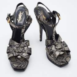 Pre Owned Yves Saint Laurent Metallic Black/Gold Python Embossed Leather Tribute Platform Sandals Size 39
