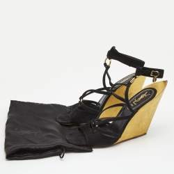 Pre Owned Yves Saint Laurent Black Suede Wedge Ankle Strap Sandals Size 41
