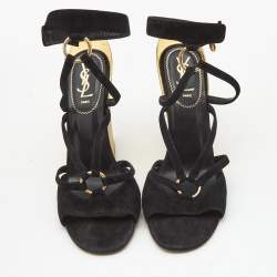 Pre Owned Yves Saint Laurent Black Suede Wedge Ankle Strap Sandals Size 41