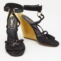 Pre Owned Yves Saint Laurent Black Suede Wedge Ankle Strap Sandals Size 41