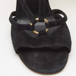 Pre Owned Yves Saint Laurent Black Suede Wedge Ankle Strap Sandals Size 41