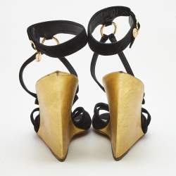 Pre Owned Yves Saint Laurent Black Suede Wedge Ankle Strap Sandals Size 41