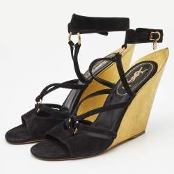 Pre Owned Yves Saint Laurent Black Suede Wedge Ankle Strap Sandals Size 41