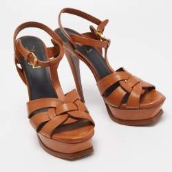Pre Owned Yves Saint Laurent Brown Leather Tribute Sandals Size 37.5