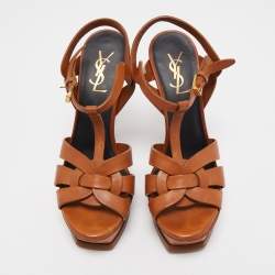 Pre Owned Yves Saint Laurent Brown Leather Tribute Sandals Size 37.5