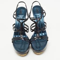 Pre Owned Yves Saint Laurent Black Patent Leather Strappy Platform Sandals Size 39