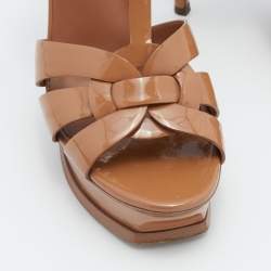 Pre Owned Yves Saint Laurent Beige Patent Leather Tribute Platform Sandals Size 38.5