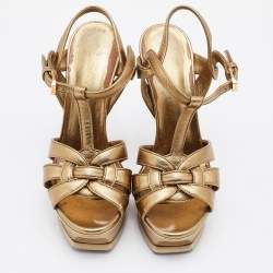 Pre Owned Yves Saint Laurent Gold Leather Tribute Ankle Strap Platform Sandals Size 35