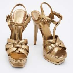 Pre Owned Yves Saint Laurent Gold Leather Tribute Ankle Strap Platform Sandals Size 35