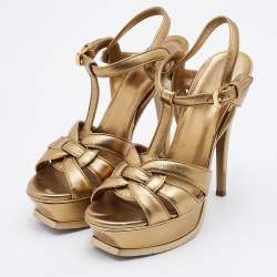 Pre Owned Yves Saint Laurent Gold Leather Tribute Ankle Strap Platform Sandals Size 35
