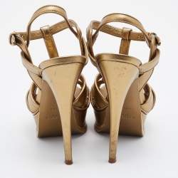Pre Owned Yves Saint Laurent Gold Leather Tribute Ankle Strap Platform Sandals Size 35