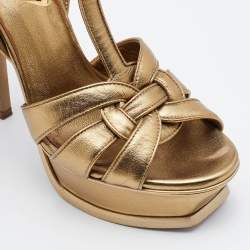 Pre Owned Yves Saint Laurent Gold Leather Tribute Ankle Strap Platform Sandals Size 35