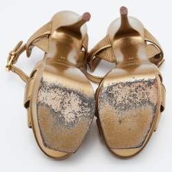 Pre Owned Yves Saint Laurent Gold Leather Tribute Ankle Strap Platform Sandals Size 35