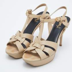 Pre Owned Yves Saint Laurent Beige Leather Tribute Sandals Size 40