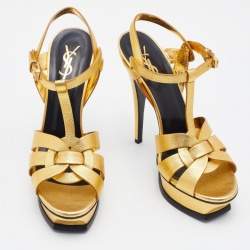 Pre Owned Yves Saint Laurent Gold Leather Tribute  Sandals Size 39