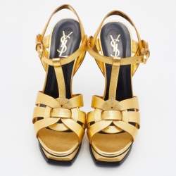 Pre Owned Yves Saint Laurent Gold Leather Tribute  Sandals Size 39