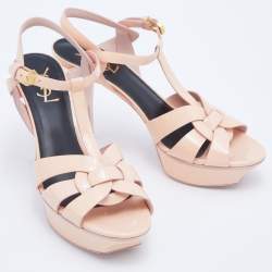 Pre Owned Yves Saint Laurent Peach Patent Leather Tribute Sandals Size 39.5