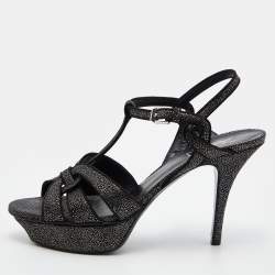 Pre Owned Yves Saint Laurent Black Textured Suede Tribute Sandals Size 39.5