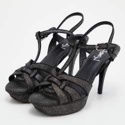 Pre Owned Yves Saint Laurent Black Textured Suede Tribute Sandals Size 39.5