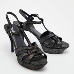 Pre Owned Yves Saint Laurent Black Textured Suede Tribute Sandals Size 39.5