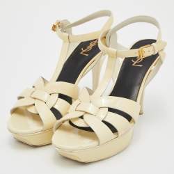 Pre Owned صندل إيف سان لوران تربيوت جلد بيج لامع مقاس 40