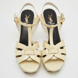 Pre Owned صندل إيف سان لوران تربيوت جلد بيج لامع مقاس 40